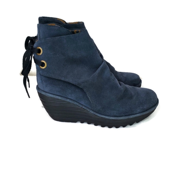 Fly London Women's Size EU 37 Yama Blue Suede Ankle Boots Wedge Lace Up - Picture 2 of 11